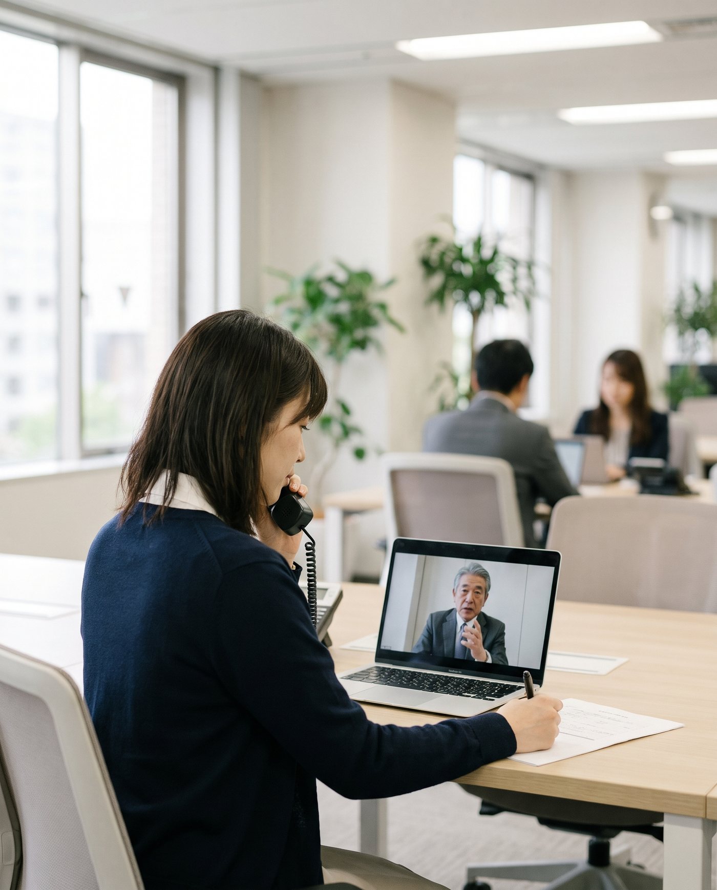自席で営業電話をかける受講社員と、ノートパソコンの画面越しにオンラインで指導する講師